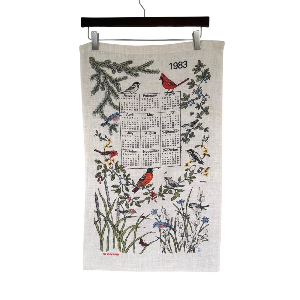 Hattie 1983 Calendar Tea Towel Vintage Birds Linen Cream 16x28 Kitchen Decor